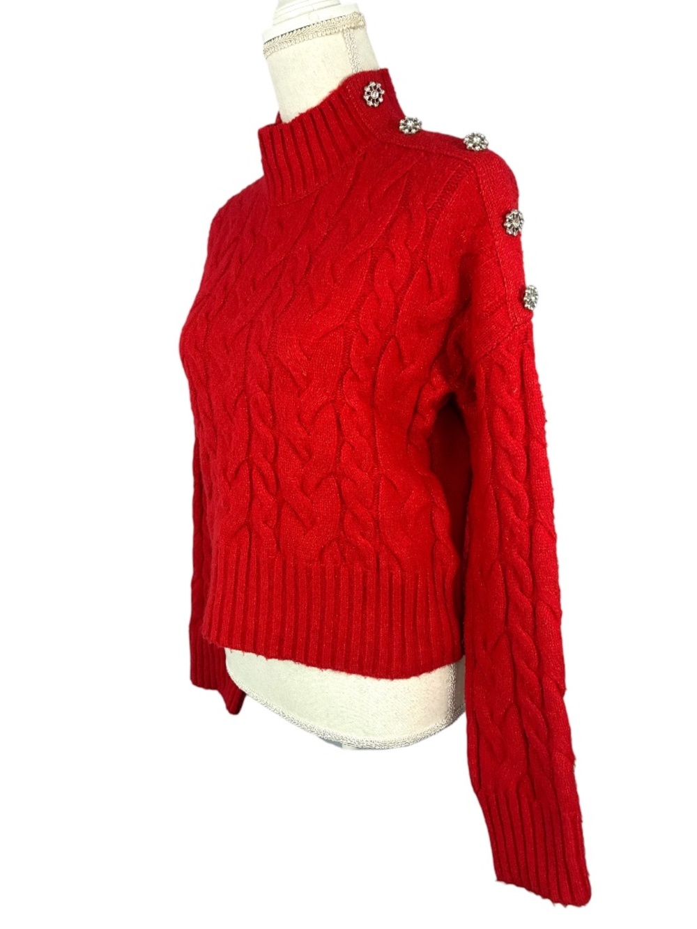 Crystal Button Cable Knit Sweater NEW S Snowflake Cherry Red Mock Turtleneck